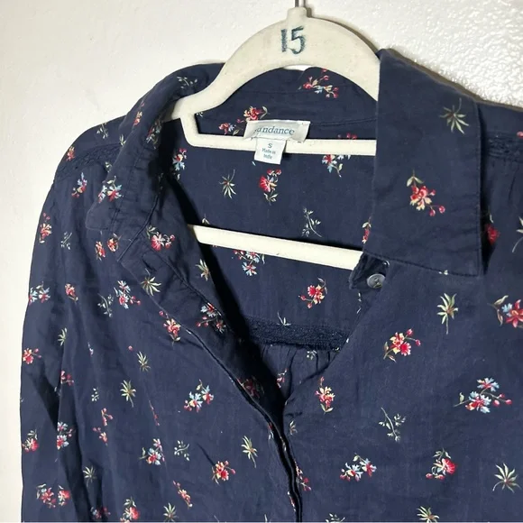 Sundance Navy Blue floral print half button down 100% cotton shirt - Picture 3 of 6